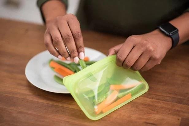 Eco-friendly reusable food storage bags in a modern kitchen